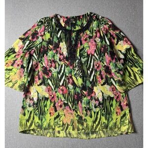 Status By Lifestyle Women's Green, Black,pink Floral V-neck Blouse XL